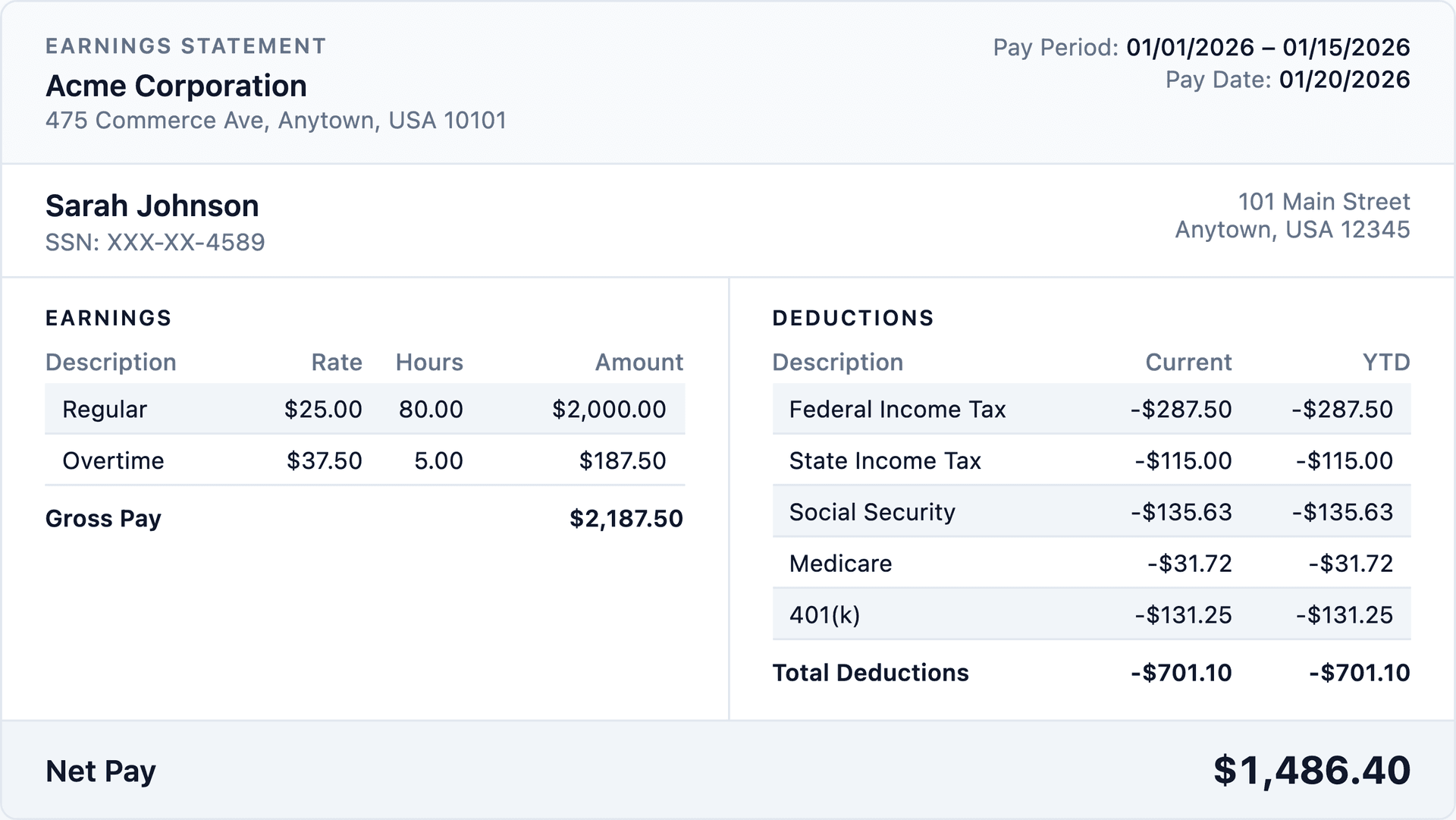 Paystub example showing earnings, deductions, and net pay — generated by Paystub Studio